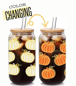 Mason Life  18 oz  Pumpkins cups Color Changing Glass Cups, Mug,Tumbler with Lid and Straw, Fall Cups,Cute Cup