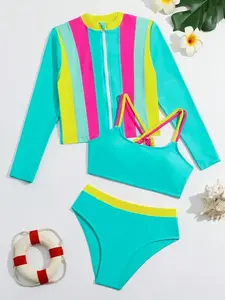 Tween Girl Color-Block Bikini Set, Long Sleeve T-Shirt Swimwear For Beach Summer