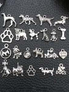 20pcs Bulk Mixed Footprints Pet Dog Charm, DIY Animal Pendant, Antique Silver Color, Jewelry Making, Bracelet Necklace Keychain Accessories