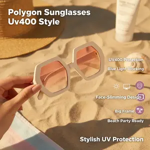 Trendy Polygon Full Rim Unisex Sunglasses, Women's Face-Slimming Big Frame PC Glasses with UV400 UV Protection Lens, Blue Light Blocking, Blush Pink & Purple for Beach Party