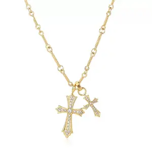 Ferrberty Silver Double Cross Pendant, plated with 14K Gold/925 Silver, suits all. Its sleek design fits daily and parties. An Easter hope symbol and Valentine's love token, it shows charm and conveys feelings. Statement Necklace