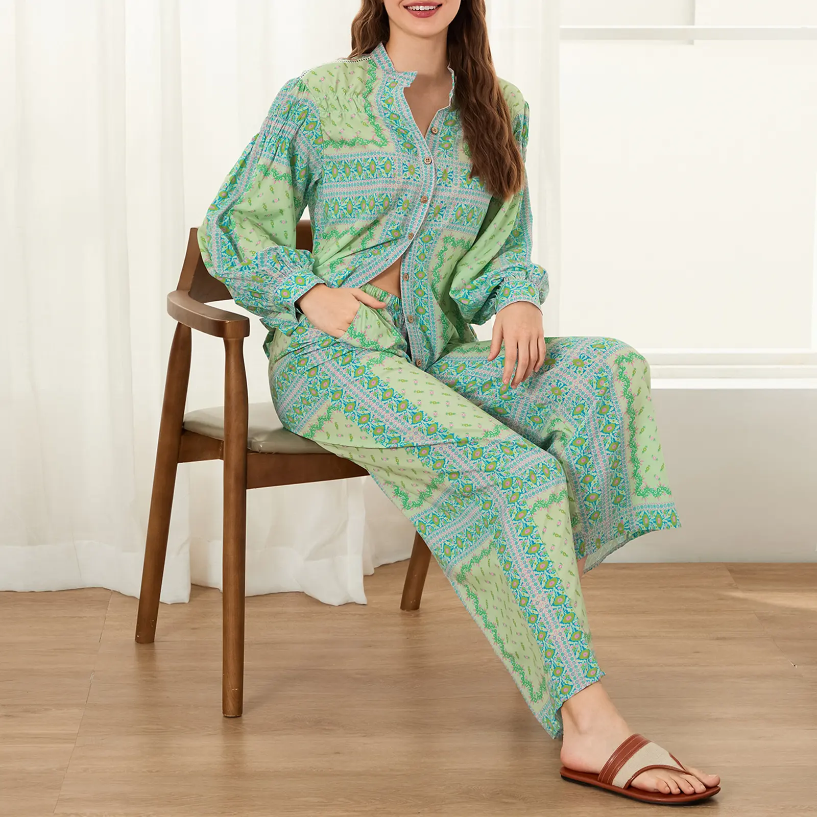 Women Vintage Floral Print Set Round Neck Button-up Long Balloon Sleeve Shirts Wide Legs Long Pants 2-Piece Fall Outfit