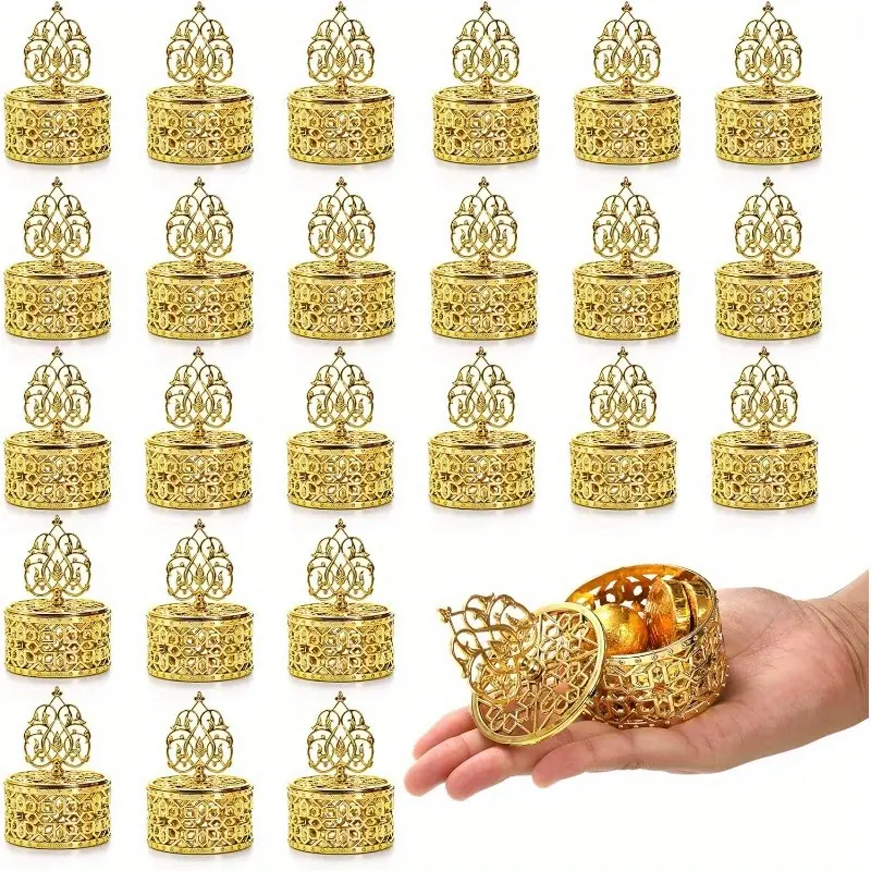 24 Pack Clear Plastic Favor Boxes with Golden Filigree Lids - Elegant Mini Candy Containers for Wedding, Tea Party Favors, Chocolates & Treats - Reusable Durable Gift Packaging Supplies, Candy Bags, Event Supplies