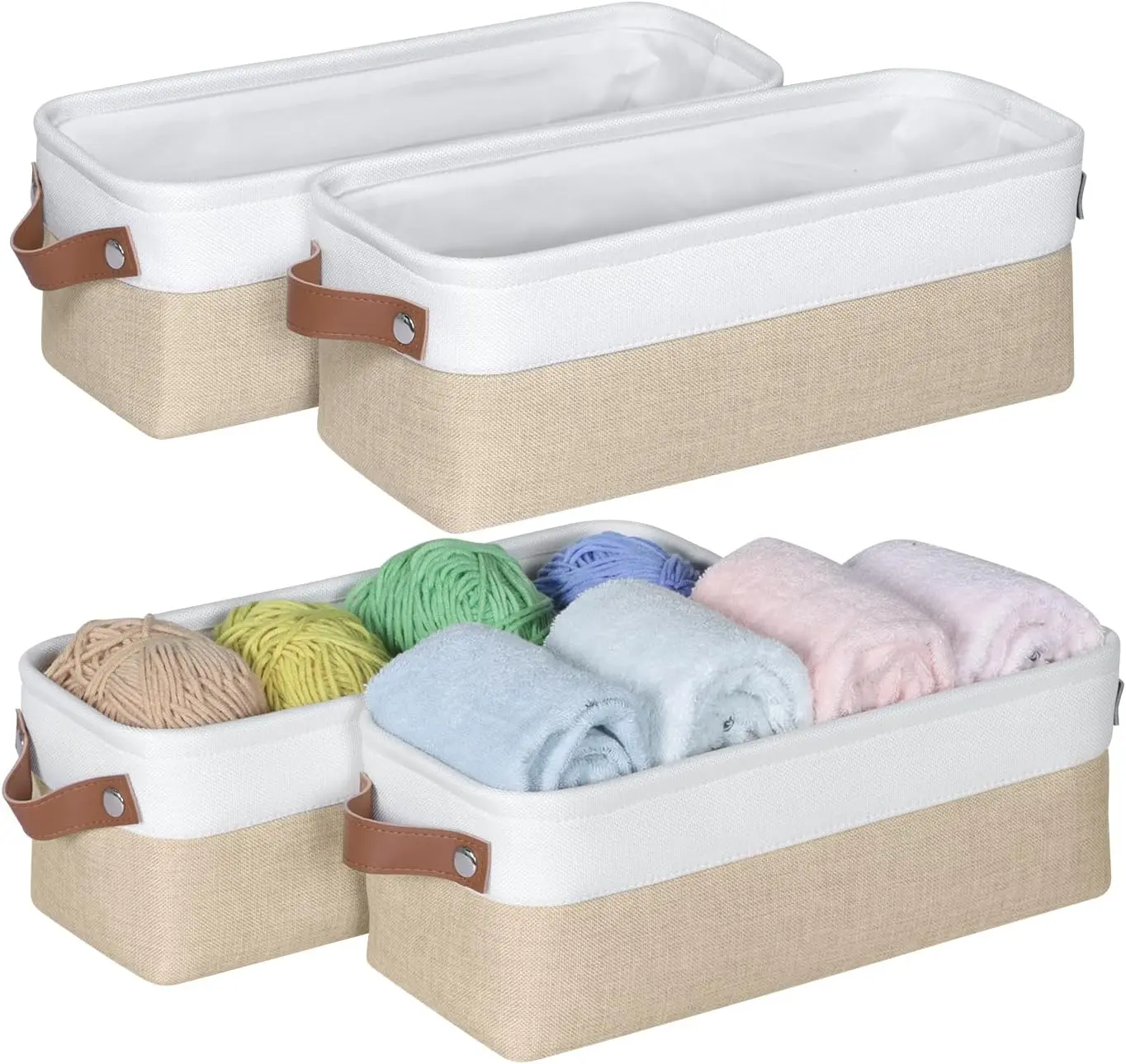 Small Fabric Storage Bins, 15x6x5 inch Narrow Storage Baskets 4-Pack Long Storage Basket for Organizing with Handles, Decorative Basket for Closets, Shelves, Toilet Paper, Beige