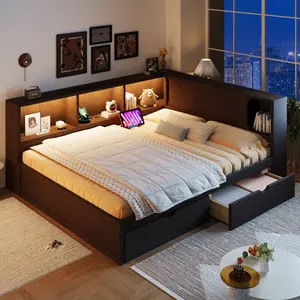 Queen Size Daybed Wood Frame with Storage Shelves, USB, LED, and 2 Drawers, Queen Platform Bed Frame with Slats, No Box Spring Needed, Brown