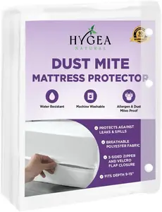 Hygea Natural Dust Mite Mattress Protector Water Resistant Machine Washable Allergen & Dust Mites Proof Soft Breathable 100% Polyester Fabric Fits 9-15" Depth