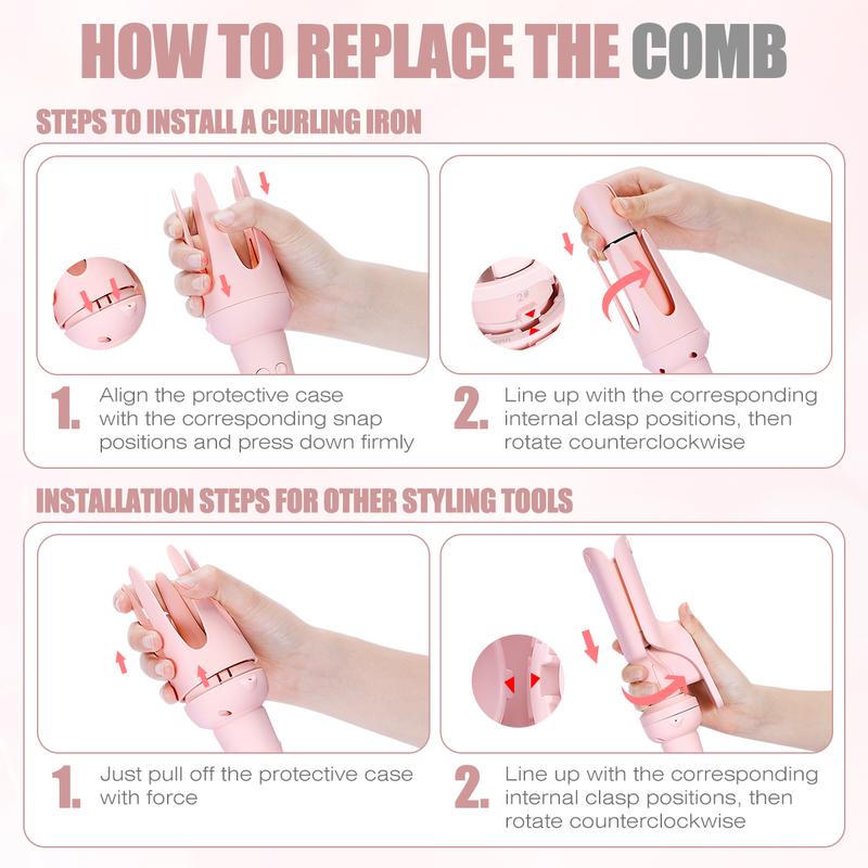 Spitcale 5-in-1 Interchangeable Curling Iron Set 5 Styling Tools 28mm 32mm 40mm Roll Hair Straightener Brush Volumizing Comb & Curling Iron 3 Temp Timer Negative Ions Pink Attachment