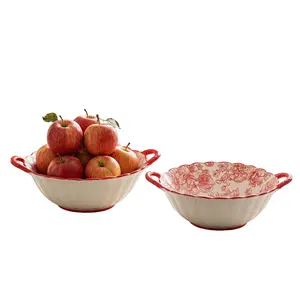 2 pieces of 9.5-inch ceramic double ear bowls, retro red, red rose pattern, large capacity Serving soup bowl, can hold all kinds of food, microwave safe, suitable for dishwasher, suitable for various dining places Bowl Set, Tableware