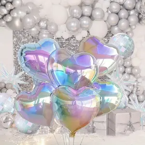 5 Pcs Set 18 Inch Iridescent Clear Heart Foil Balloons, Ideal for Birthday & Anniversary Celebrations, Enhance Your Party Décor