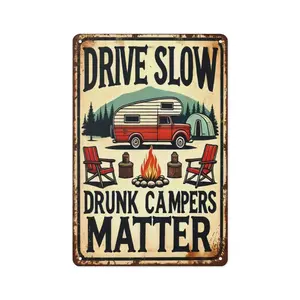 1pc Drive Slow Drink Campers Matter Retro Camping Sign - 8x12 Inch Aluminum Wall Art for Campgrounds, Cabins & RV Parks - Vintage Outdoor Decor with Camper Van & Campfire Design