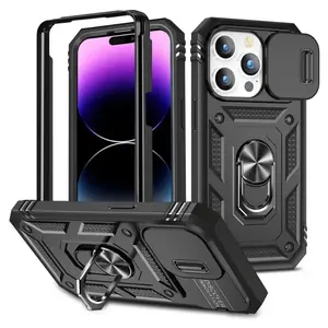 Case For iPhone 16 15 14 Pro Max 13 12 11 Pro Plus XR 360 Full Body Rugged Protective Slide Camera Stand Protection Ring Cover Protector Screen Protector Casing Smartphone Cellphone Shockproof Black