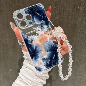 Sweet Orchid Pattern Phone Case with Bow Strap, Valentine's Day Gift, Anti-Drop Thickened Cover for iPhone 17/16/15 Series