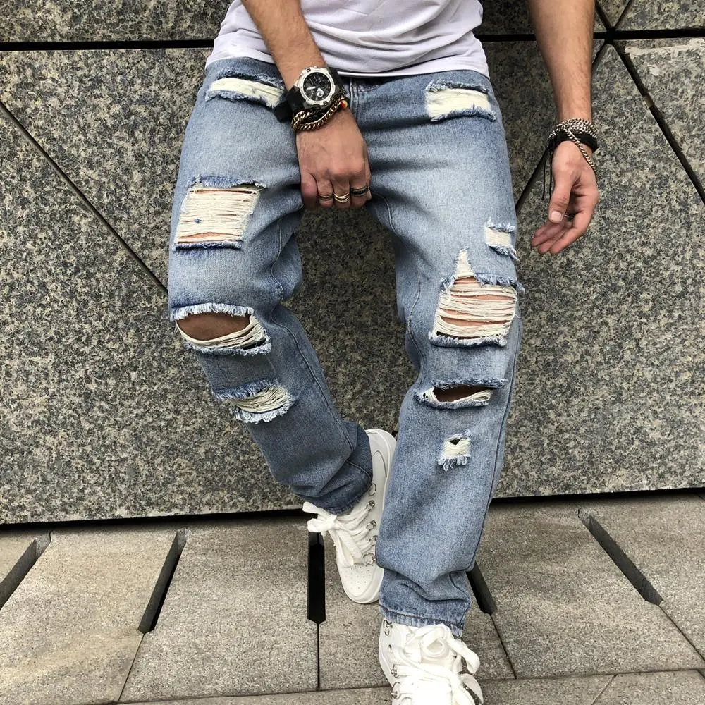 Vintage Distressed Loose Men Washed Blue Denim Pants Stylish Men's Ripped Hole Straight Biker Jeans Male Trousers Menswear Underwear