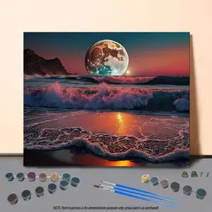 Moon & Sea & Wave Pattern DIY Oil Painting Kit without Frame, DIY Paint by Numbers Kit, Wall Art Decor for Home Living Room Bedroom