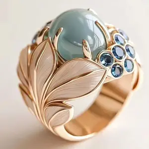 Exquisite Leaf Shape Inlay Blue Color Cubic Zirconia Ring Two Piece Set For Women Birthday Accessories Gifts Custom Jewelry