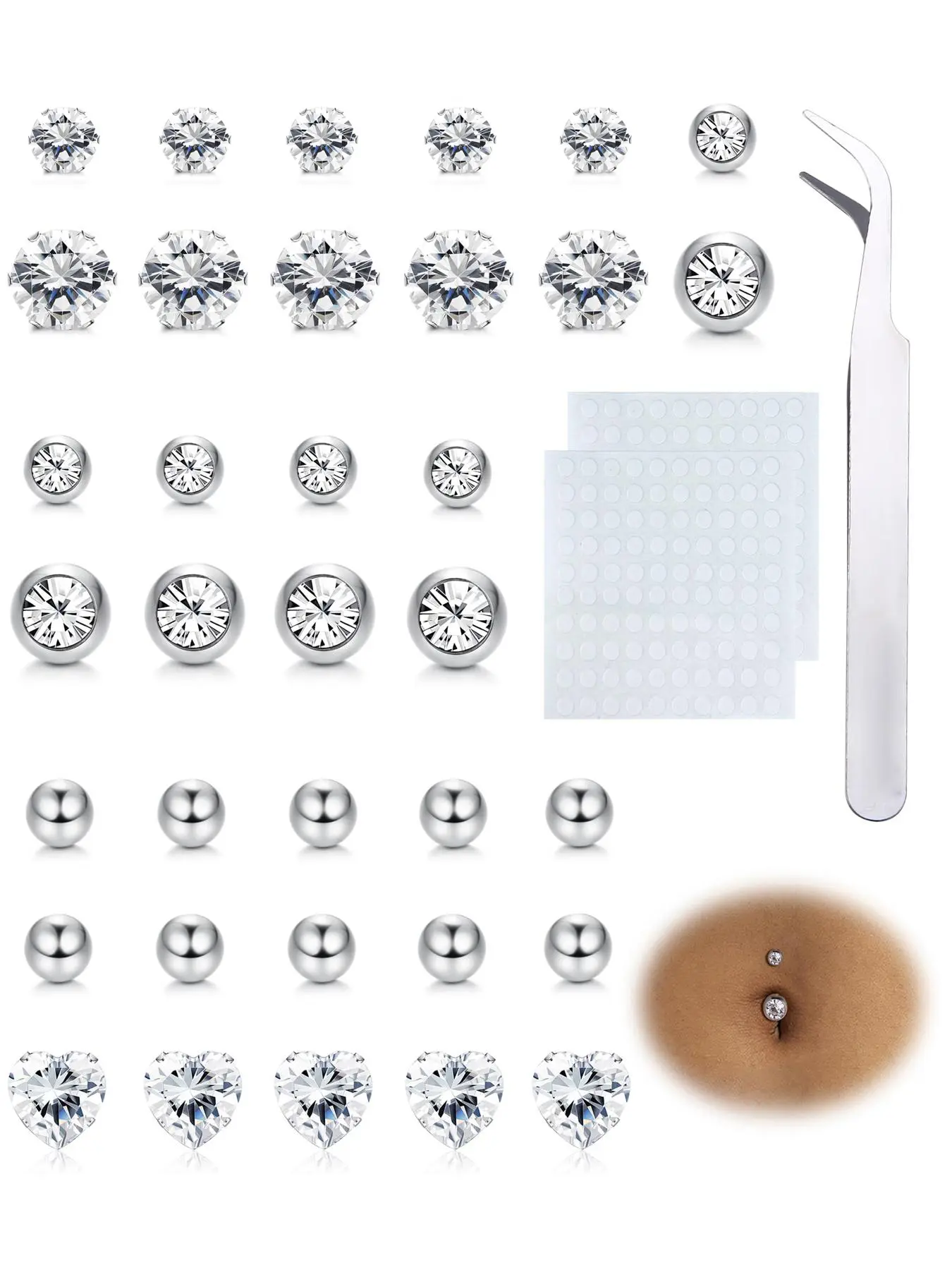 Shiny Cubic Zirconia Stick On Belly Button Rings, Navel Ring, Fashionable Fake Belly Ring, Non-piercing Body Jewelry for Women & Girls, Trendy All-match & Exquisite Jewelry for Birthday Gift, Stainless Steel Components, Belly Hoops, Wearable Jewelry