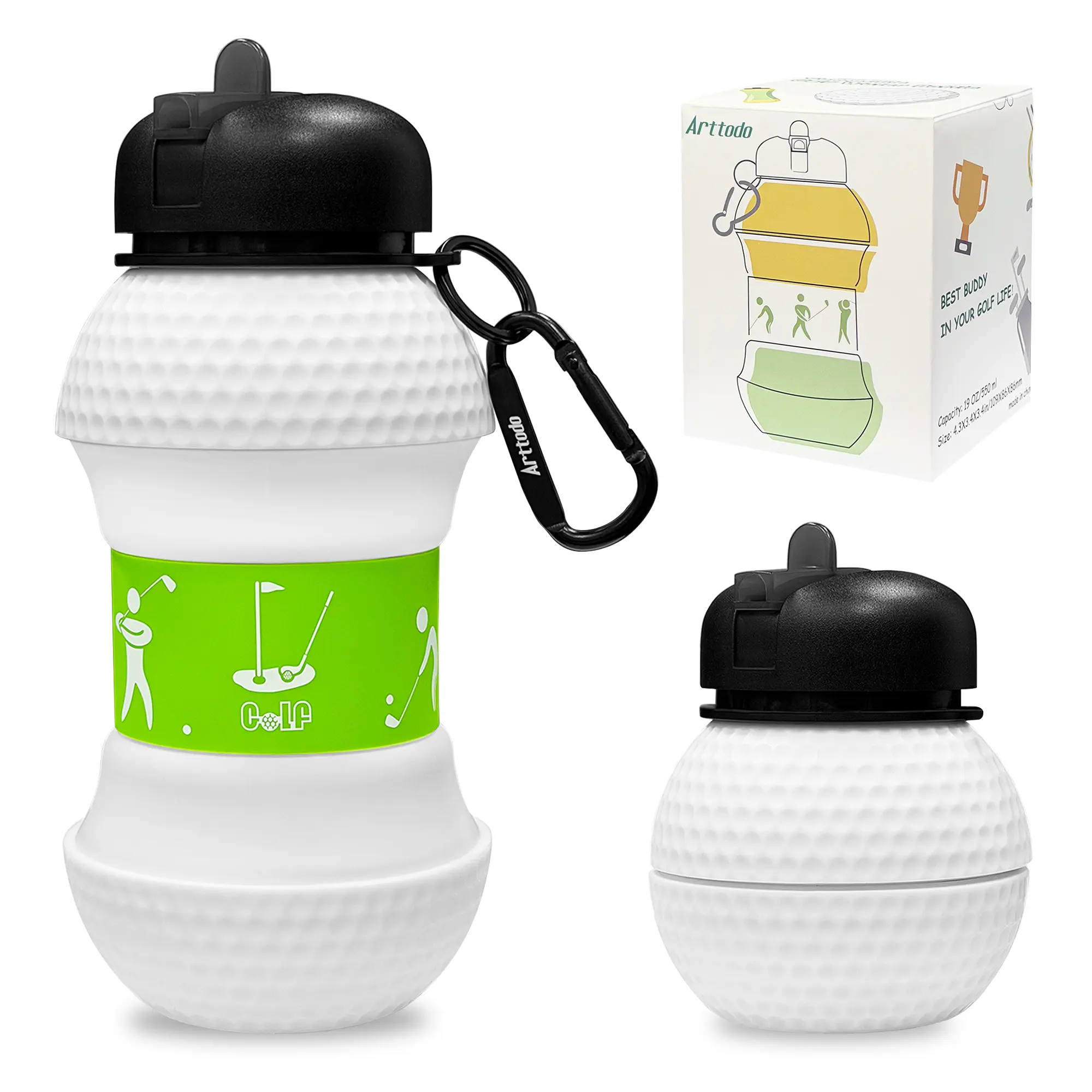Arttodo Collapsible Water Bottle for Golfers & Kids, BPA-Free Leak-Proof Golf Silicone Water Bottle with Carabiner Clip for Outdoor, Foldable & Portable Sports Water Bottle,Leakproof Water Bottle,Reusable Water Bottles