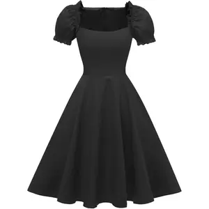Women'S Puff Short Sleeve 1950S Party Dresses Square Neck Aline Dress with Pockets