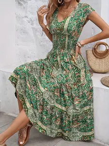 Paisley Ethnic Print V-Neck Maxi Dress, Women's Fashion, Casual Wear, Comfortable Fit, Perfect for Daily