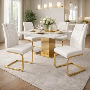 Set of 4 Modern Dining Chairs, PU Leather High-Back Kitchen Chairs with Metal Legs, Mid-Century Armless Living Room Seats, Easy to Clean & Assemble, Suitable for Small Spaces, White