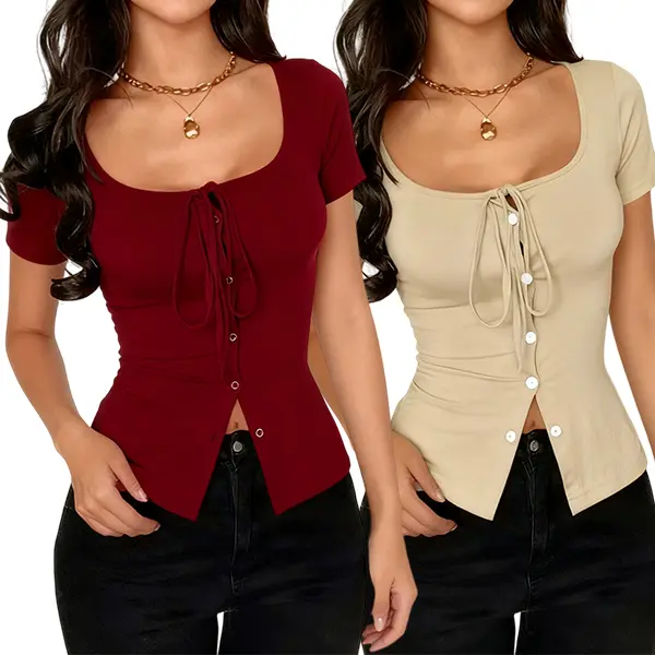 Daily Casual Ladies Fitted Crop Tee Two Pack, Ultra-soft Breathable Stretch Knit, Front Self-tie Drawstring Decor, Neat Matching Buttons, Curvy Fit Highlights Body Lines