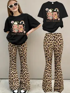 Girls' fashionable leopard print sweet and cool set, short-sleeved T-shirt with basketball hoop, leopard print and bow pattern print + leopard print flared pants, retro style two-piece set for small, medium and large children in spring, autumn and summer
