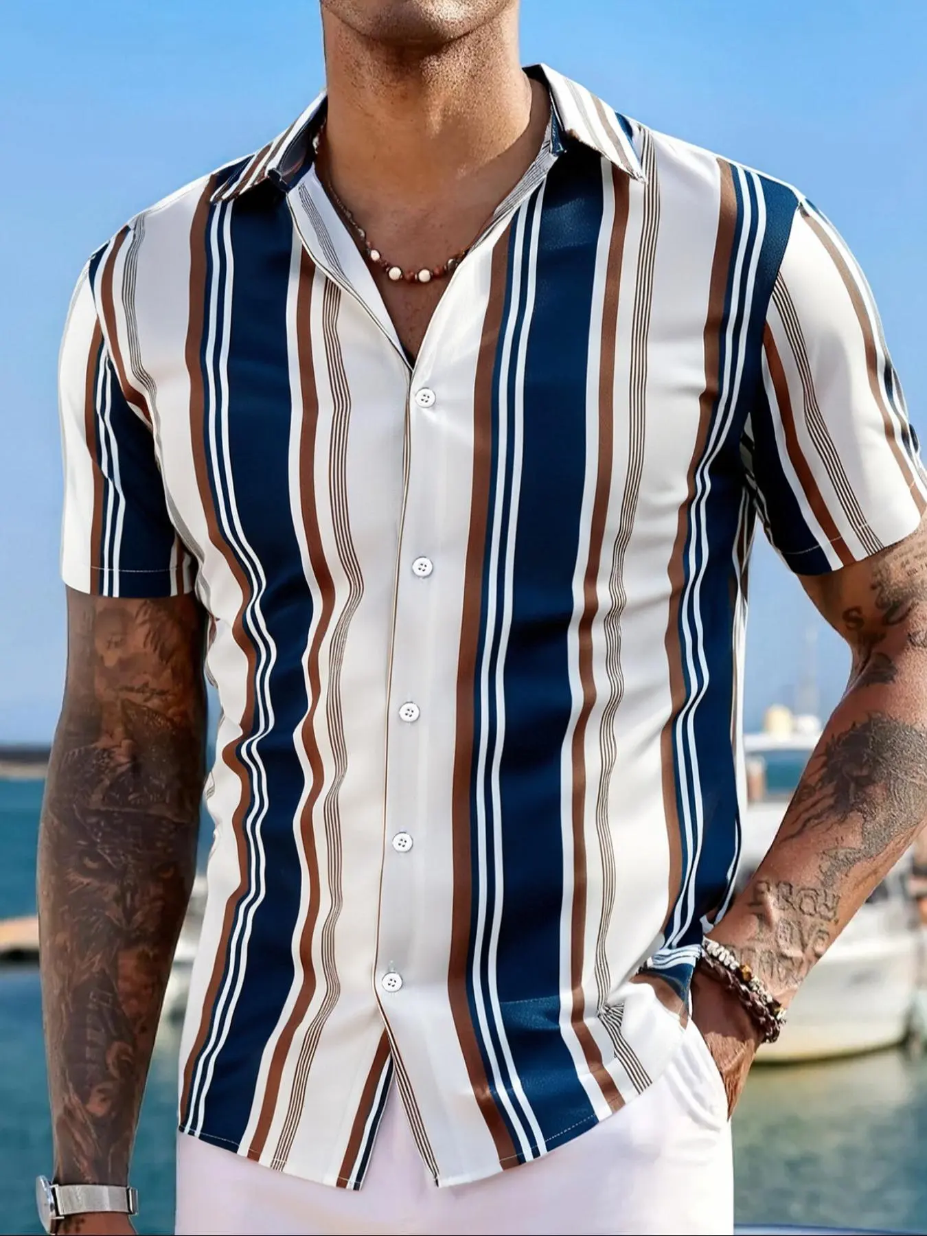 Men's Regular Fit Striped Print Short Sleeve Shirt, Button Front Design Shirts, Casual Comfy Collared Button Front Top for Work Office Business, Men's Clothes for Summer, Casual Fashion Fitted, Menswear