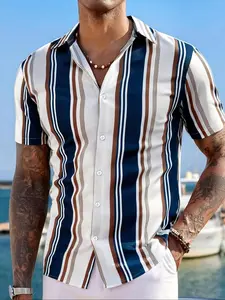 Men's Regular Fit Striped Print Short Sleeve Shirt, Button Front Shirts, Casual Comfy Collared Button Front Top for Work Office Business, Men's Clothes for Summer, Casual Fashion Fitted, Menswear