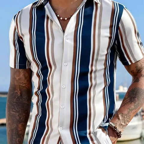 Men's Regular Fit Striped Print Short Sleeve Shirt, Button Front Design Shirts, Casual Comfy Collared Button Front Top for Work Office Business, Men's Clothes for Summer, Casual Fashion Fitted, Menswear