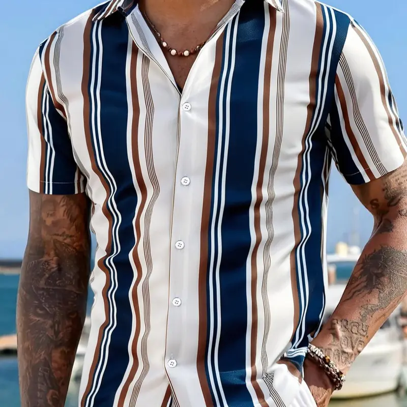 Men's Regular Fit Striped Print Short Sleeve Shirt, Button Front Design Shirts, Casual Comfy Collared Button Front Top for Work Office Business, Men's Clothes for Summer, Casual Fashion Fitted, Menswear