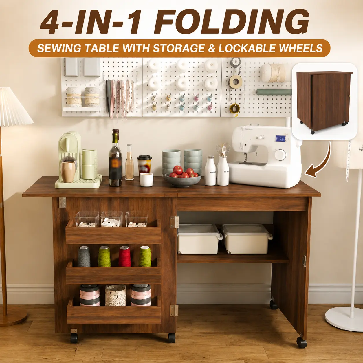 Folding Sewing Table with Storage Shelves & Wheels, Multi-Purpose Craft Desk for Small Spaces, Rolling Workstation for Sewing, DIY Projects, Home Office & Apartment Organization