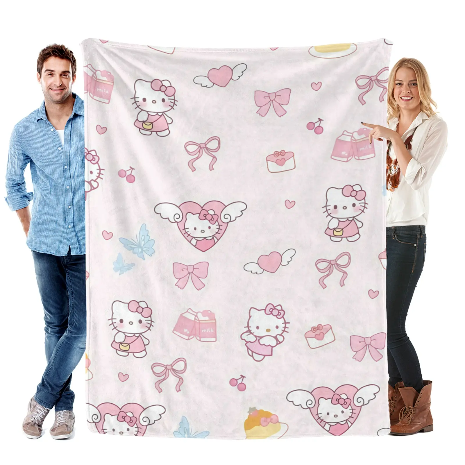 Sanrio Pastel Wing Heart Milk Print Hello Kitty Blanket,Soft Fleece Throw,Cartoon Printing Throw Blanket For Sofa Bed,Gift For Soft Girl Sanrio Fans