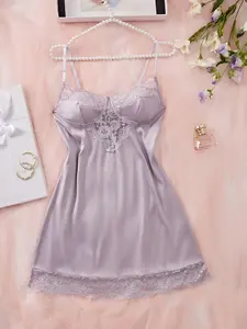 Women's Plain Floral Lace Cami Nightdress, Silky Elegant Comfy Adjustable Spaghetti Strap Nightgown, Ladies Sleepwear Loungewear for All Seasons