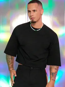 Men's Solid Color Round Neck Crop Tee, Loose Casual Drop Shoulder Comfy Short Sleeve Crew Neck T-shirt for Daily Wear, Men's All-match Top for All Seasons, Casual Streetwear Top