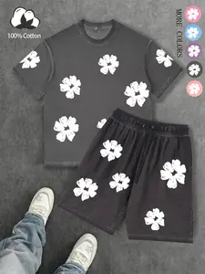A stylish, minimalist, fresh, summer casual short-sleeve and shorts set for men and women, featuring three-dimensional white flower prints and the same print on the shorts. Made of high-quality, soft cotton fabric. Perfect for streetwear, Y2K styles, coup