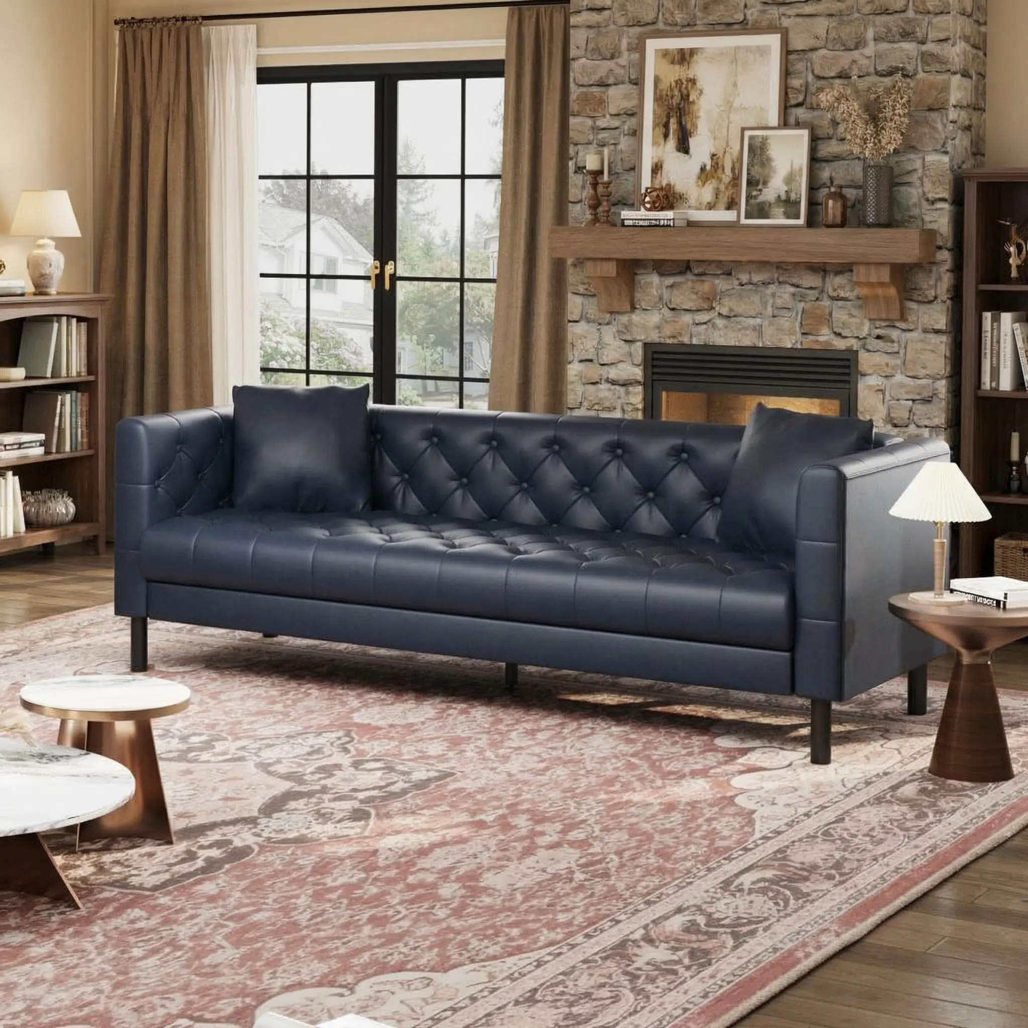 Garvee Transitional 81.1" PU Leather Chesterfield 3-Seater Comfy Couch, Handmade Button Tufted Foam Deep Seat, 2 Pillows, Blue - 103.62 lbs, 81.1x31.5x28.4 in Indoor Furniture with Hardware for Living Room