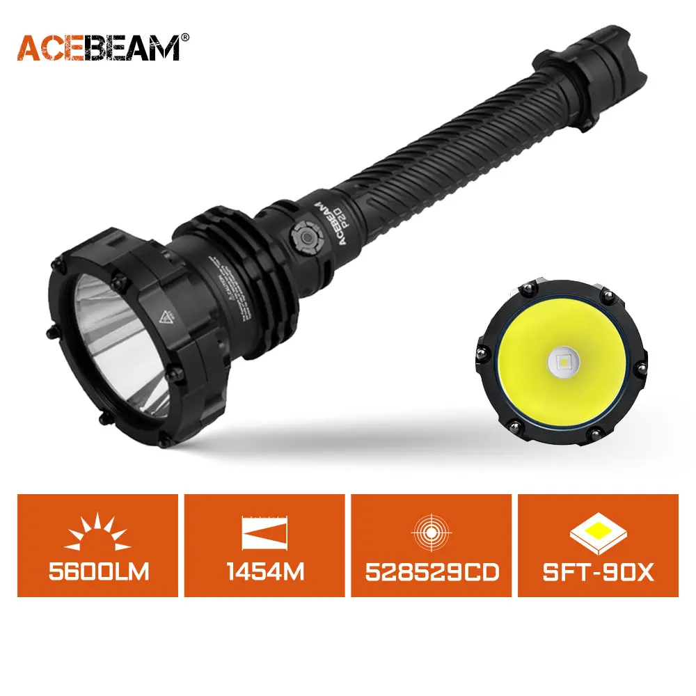 ACEBEAM P20 High-End Professional Super Bright Light Tactical Flashlight, 5600 Lumens, 6 Brightness Levels, 1400yd Beam, 21700 Battery Pack, 25.4mm Tube Diameter, CNC Machined Aluminum Alloy, USB Port, Black - SFT-90X LED (Tactical, Home Emergency Use)