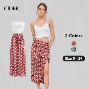 Cider [2 colors, size 0-24] Floral Knotted Wide Leg Pant Set and Split Twist Skirt, Strapless Ruched Crop Top, V-Neck Crop Cami Top, Comfy Mid Rise, Bodycon Outfit, Summer Vacation