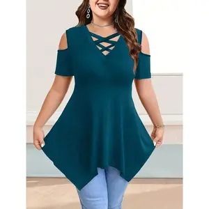 Elegant Women's Casual Top with Shoulder Detail, Pure Color Cross Strap V Neck, Fashion Irregular Hem, Plus Size Blouse