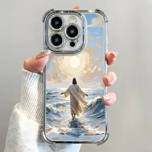 Jesus Walking on Water Pattern Phone Case , Electroplated Cover with Airbag Shockproof Slim Soft TPU Cover for iPhone X 11 12 13 14 15 16 17 Pro Max Plus Air Christian Catholic God Dios Lord