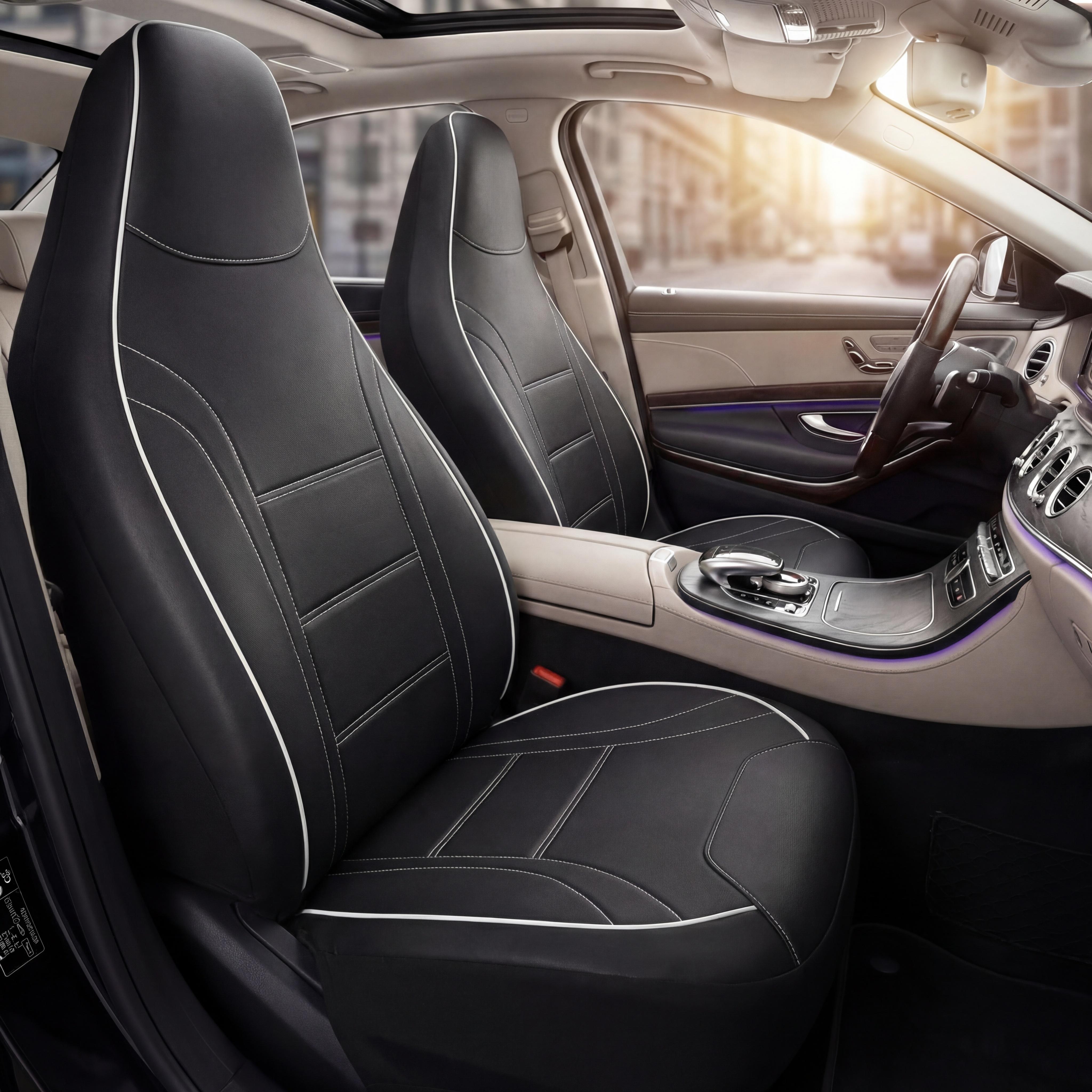 AUTOYOUTH PU Leather Car Seat Covers 2PCS Universal, Black Sport Design, Waterproof Front Seat Protectors, Universal Fit for Cars SUVs Trucks High Back Seat, Airbag Compatible, Car Interior Accessories