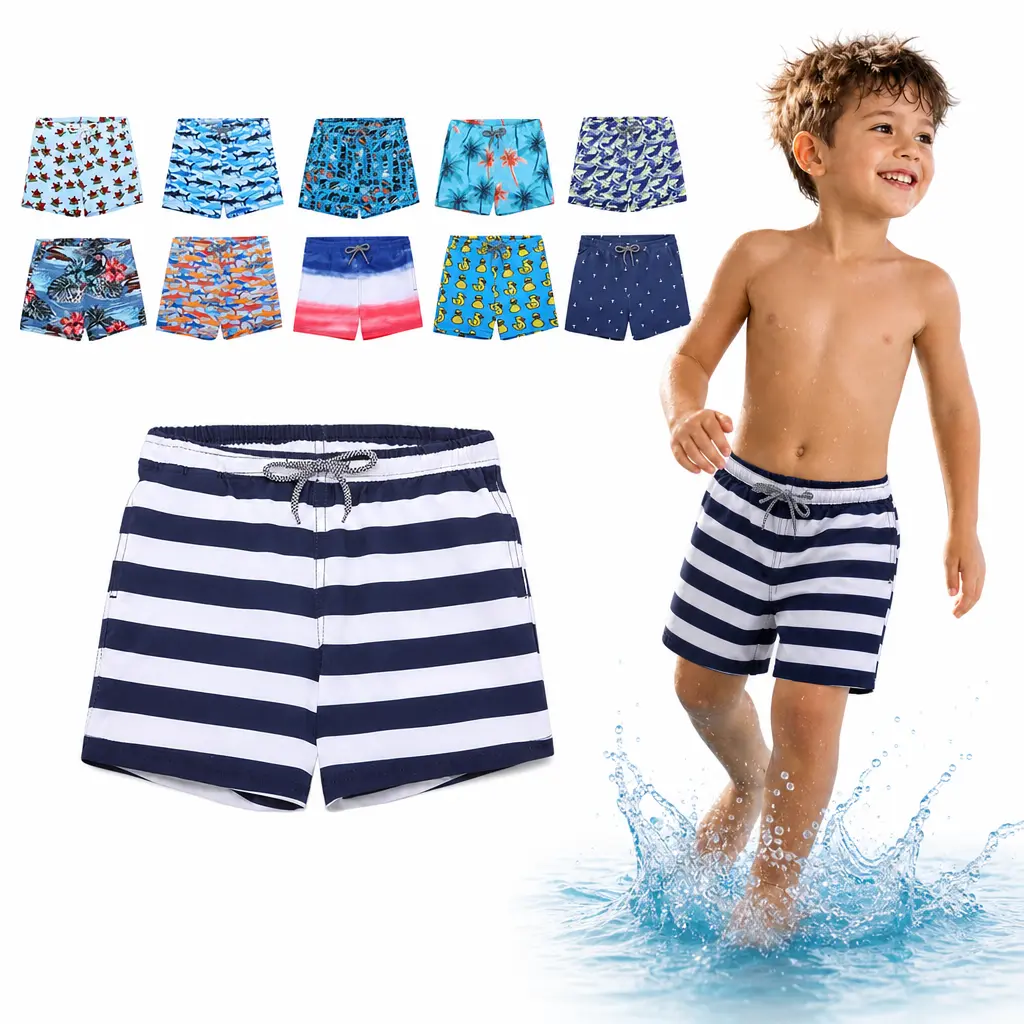 Toddler Boys' Sporty Printed Pattern Swim Trunks - Quick-Dry Polyester Swim Shorts with Elastic Waistband, Mesh Lining, 2 Side Pockets, 1 Back Pocket for Beach, Pool, Printed Patterns, One Back Pocket