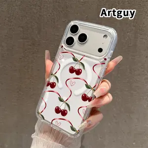 Cherry Ribbon Pattern Magnetic Phone Case for iPhone 17 16  Pro Max Plus 15 14 13 12 11 Air E Anti-Yellowing Shockproof Lightweight Transparent Acrylic Large Hole Soft Cover Supports Wireless Charging