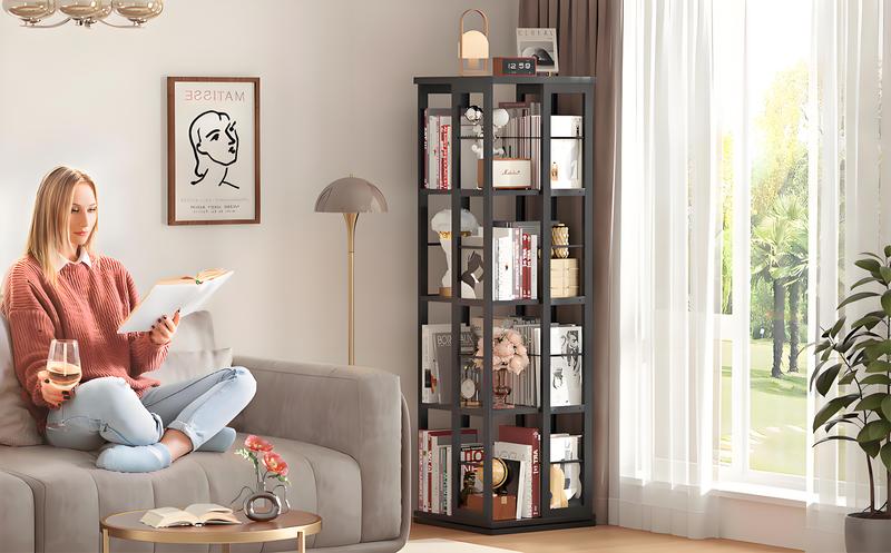 Rotating Bookshelf, Corner Bookshelf, 360 Display Wood Spinning Bookshelf, Floor Standing Bookcase Narrow Shelf,Bedroom, Study Room, Black Furniture Organization floating shelves