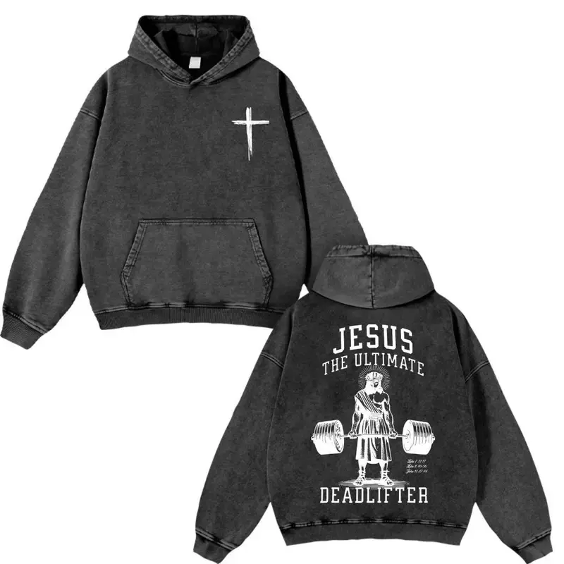 Retro Vintage Jesus the Ultimate Deadlifter Washed Hoodie, Christian Apparel Streetwear, Oversized Menswear And Women Menswear Tops, Gym Pump Cover