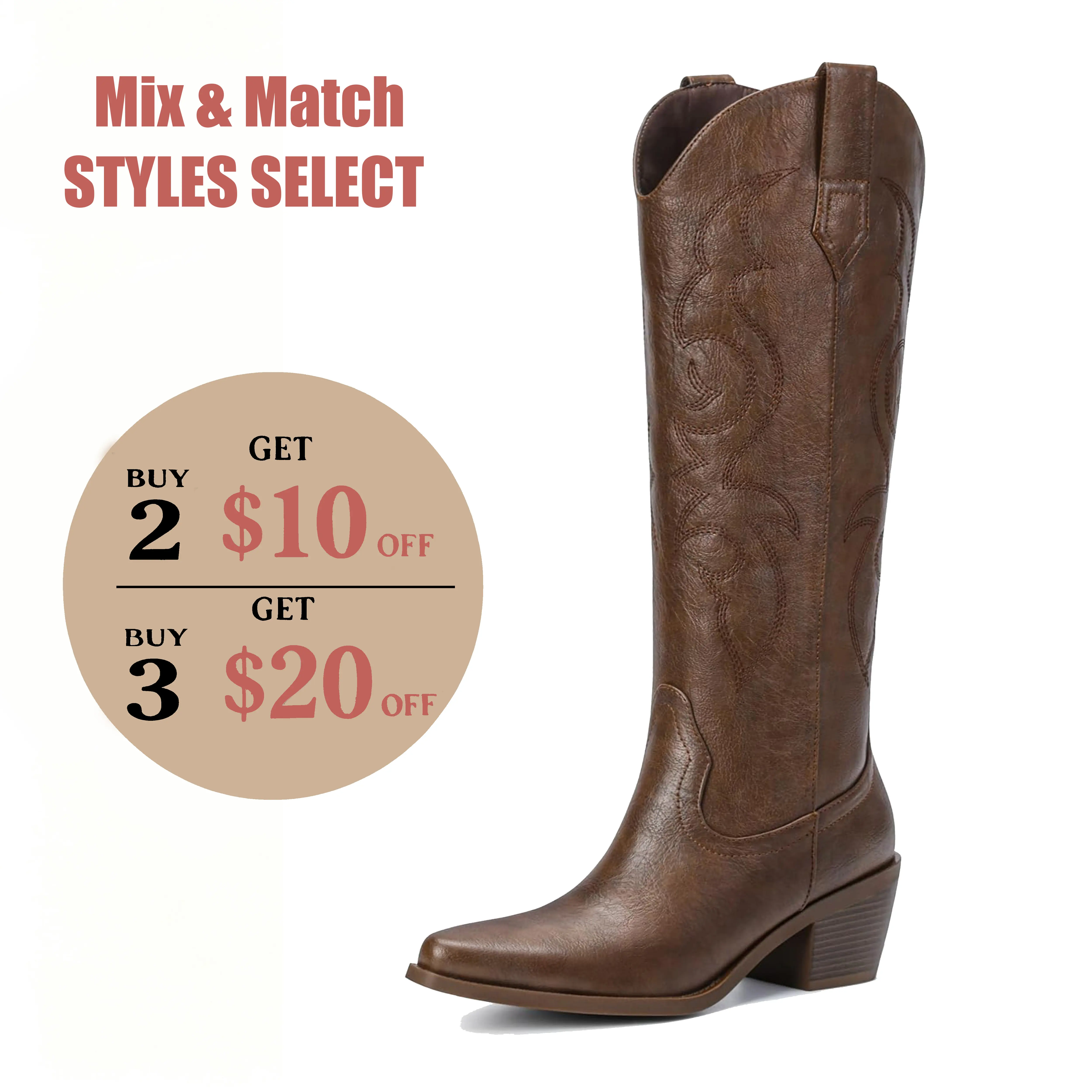【Clearance】Western Cowboy Boots for Women - Wide Calf Knee High Cowgirl Boots with Classic Embroidered, Slip On Pointed Toe Chunky Heel Fashion Retro Classic Pull On Tall Boot for Girls Ladies Fall Winter Brown fall boots
