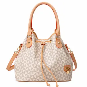 Women's Luxury Geometric Print Bucket Bag Large Capacity Drawstring Shoulder Purse