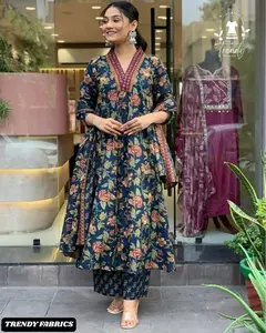 Trendy Fabrics Designer Cotton Anarkali Gown Set with Dupatta for Women