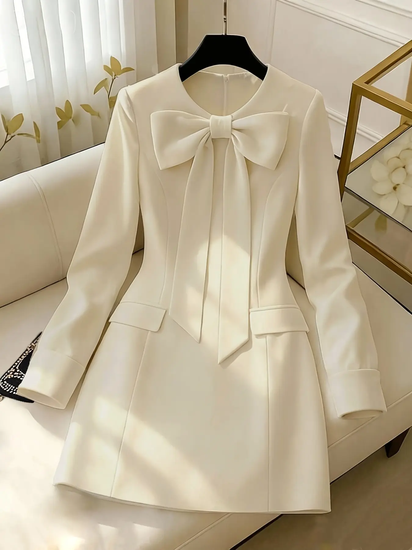Elegant Chic Women's Spring Summer Dress, Butterfly Knot Long Sleeve, Solid Color Round Neck Waist Cinch, Office Formal Date Night Gown
