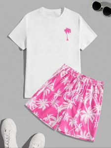 two-piece set men's regular fit letter print tee & tropical print shorts set, casual short sleeve t-shirt & drawstring waist shorts, summer clothes set for men, homewear